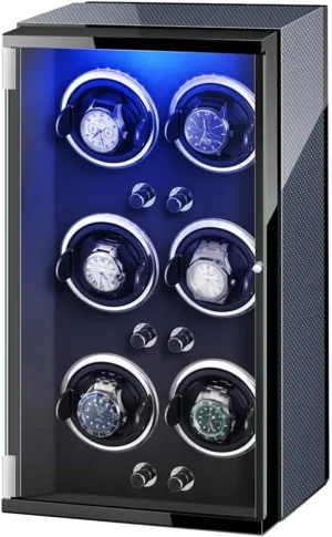 6-Slot Automatic Watch Winder Box with Colorful LED Lights, Adjustable Pillows, Super Quiet Motor for Men and Women's Watches