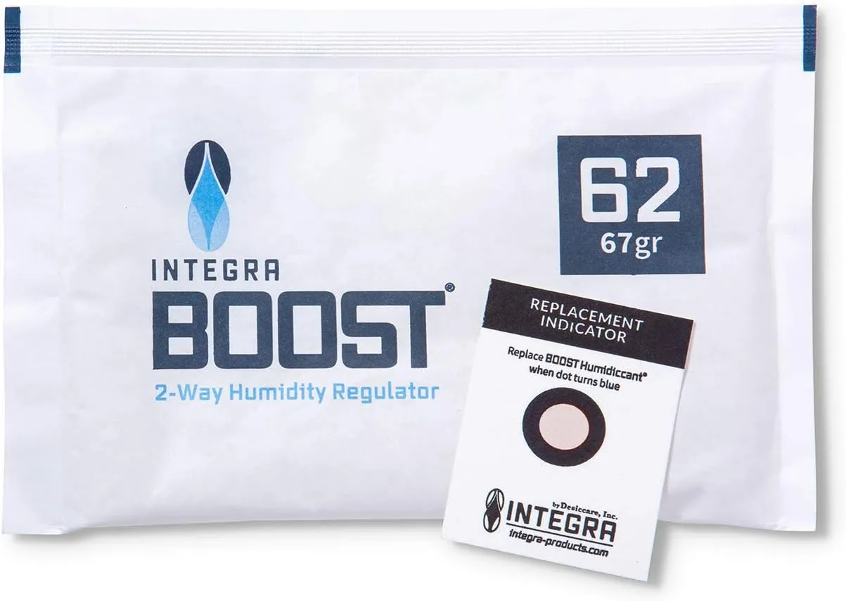 62% RH Level - 67 Gram Size - Two-Way Humidity Control Pack - Incl. Replacement Indicator Cards - Food Storage & Herbs Moisture Balancer For Up to 1 LB (Pack of 12)