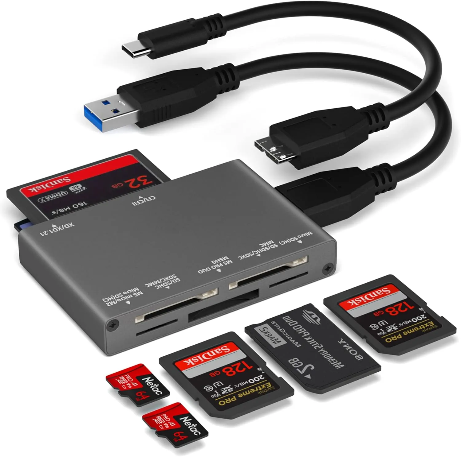 7-in-1 Multi Memory Card Reader, USB 3.0 SD Card Reader Writer(5Gbps) Read 7 Cards Simultaneously for SD/Micro SD/MS/CF/MMC/XD/SDHC/SDXC Camera Memory Card (with 2 USB A and C to Mirco B 3.0 Cables)