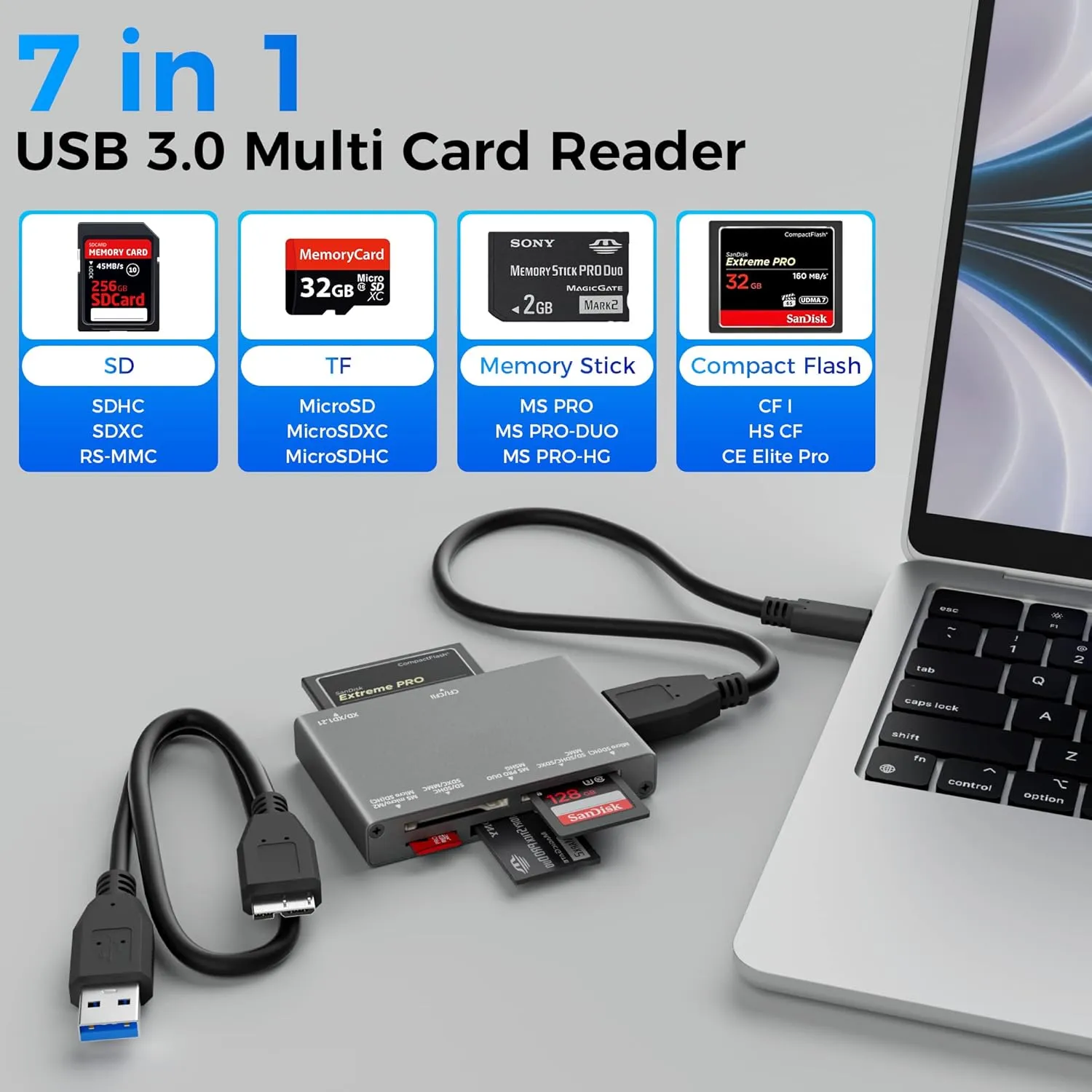7-in-1 Multi Memory Card Reader, USB 3.0 SD Card Reader Writer(5Gbps) Read 7 Cards Simultaneously for SD/Micro SD/MS/CF/MMC/XD/SDHC/SDXC Camera Memory Card (with 2 USB A and C to Mirco B 3.0 Cables)