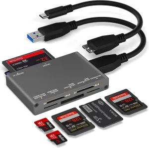 7-in-1 Multi Memory Card Reader, USB 3.0 SD Card Reader Writer(5Gbps) Read 7 Cards Simultaneously for SD/Micro SD/MS/CF/MMC/XD/SDHC/SDXC Camera Memory Card (with 2 USB A and C to Mirco B 3.0 Cables)
