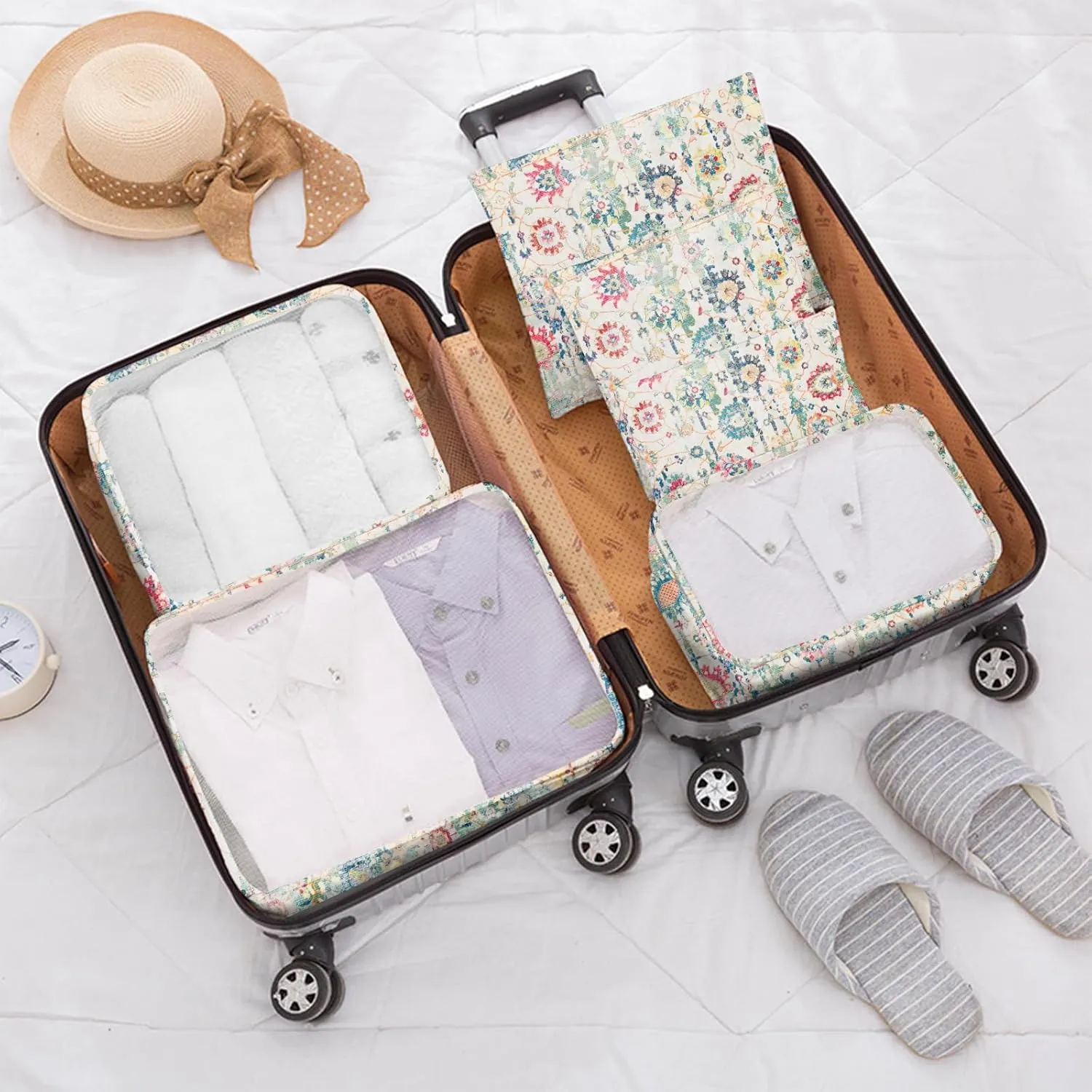 7 Set Packing Cubes Travel Luggage Organizers for Suitcase Travel Accessories with Shoe Bag for Girls Women Aesthetic Cute Boho Bohemian-Green Floral