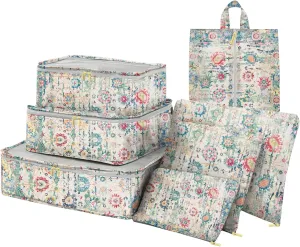 7 Set Packing Cubes Travel Luggage Organizers for Suitcase Travel Accessories with Shoe Bag for Girls Women Aesthetic Cute Boho Bohemian-Green Floral