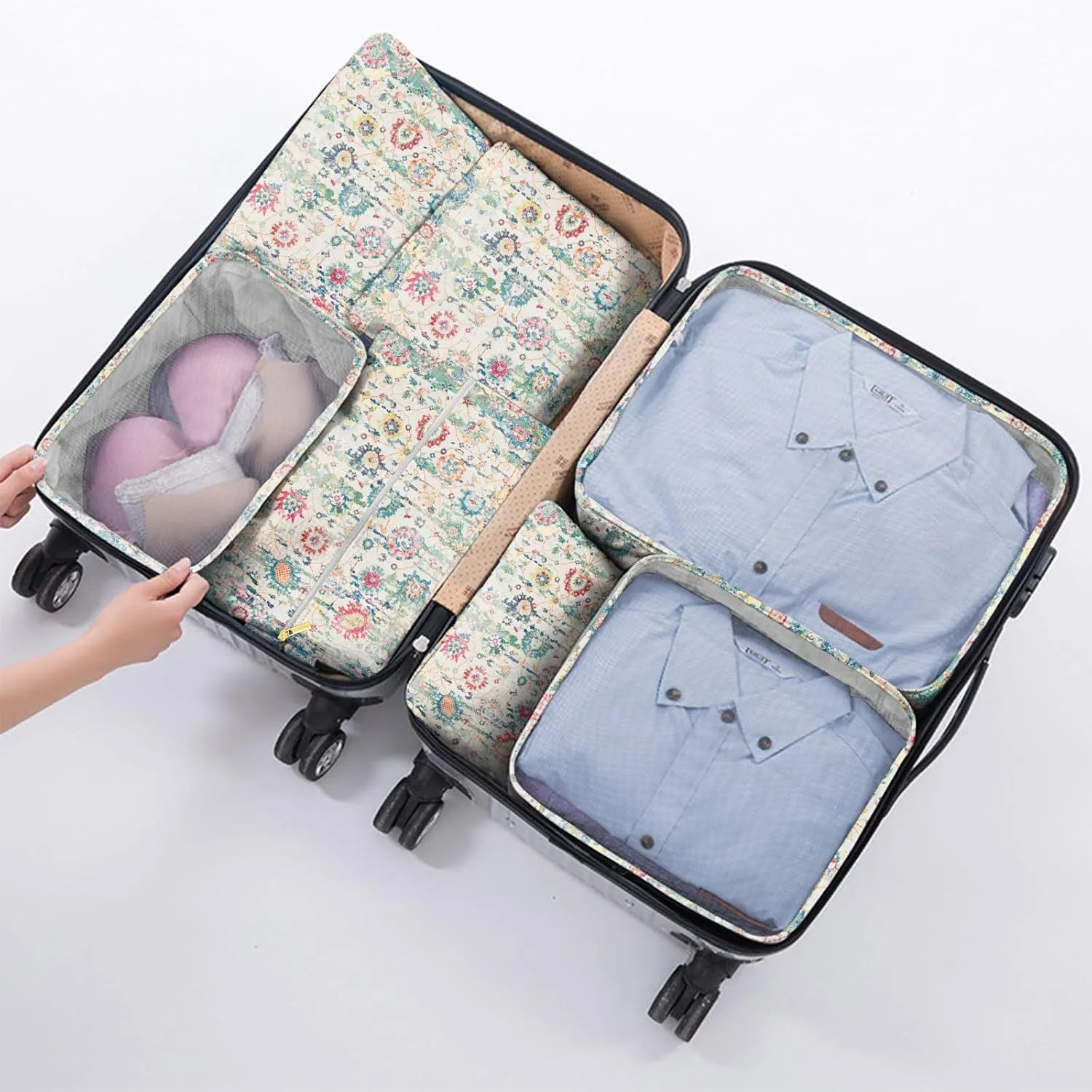 7 Set Packing Cubes Travel Luggage Organizers for Suitcase Travel Accessories with Shoe Bag for Girls Women Aesthetic Cute Boho Bohemian-Green Floral