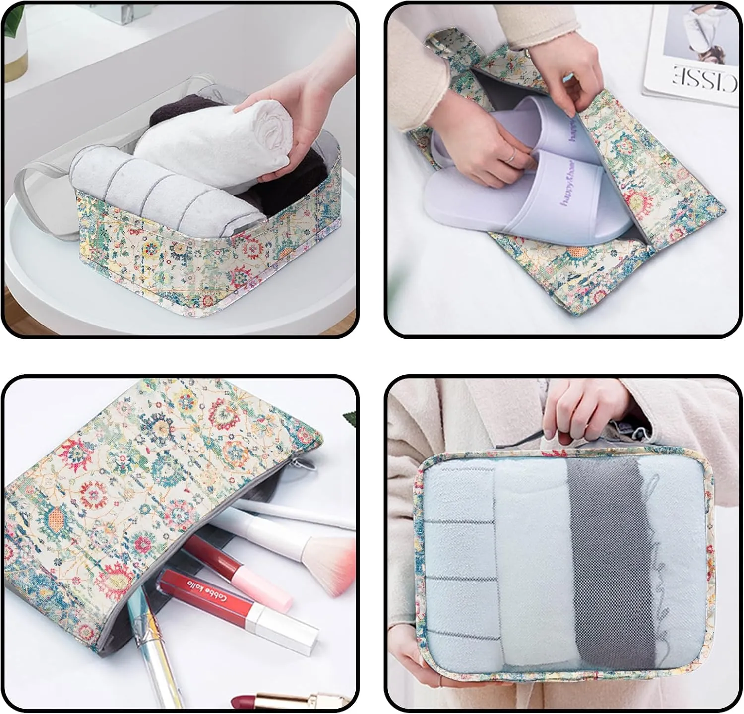 7 Set Packing Cubes Travel Luggage Organizers for Suitcase Travel Accessories with Shoe Bag for Girls Women Aesthetic Cute Boho Bohemian-Green Floral