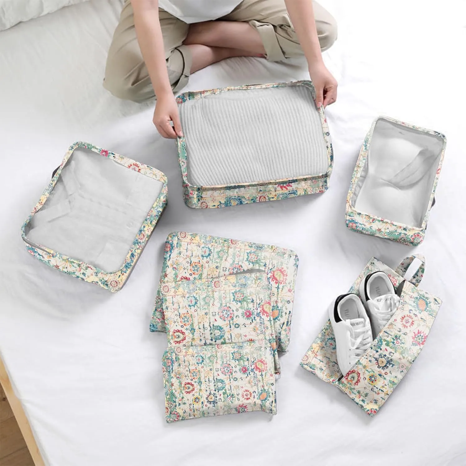 7 Set Packing Cubes Travel Luggage Organizers for Suitcase Travel Accessories with Shoe Bag for Girls Women Aesthetic Cute Boho Bohemian-Green Floral