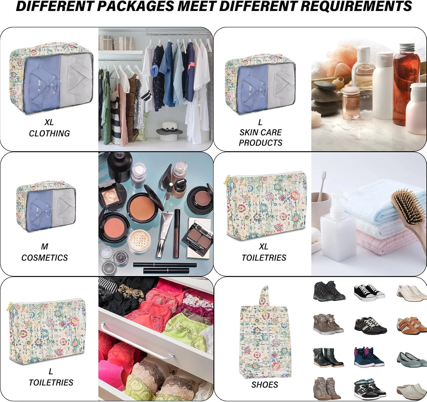 7 Set Packing Cubes Travel Luggage Organizers for Suitcase Travel Accessories with Shoe Bag for Girls Women Aesthetic Cute Boho Bohemian-Green Floral