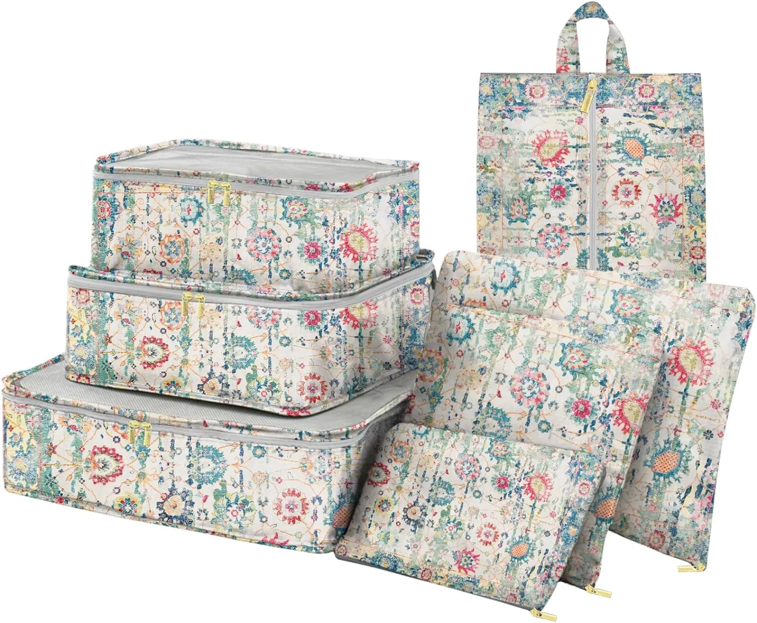 7 Set Packing Cubes Travel Luggage Organizers for Suitcase Travel Accessories with Shoe Bag for Girls Women Aesthetic Cute Boho Bohemian-Green Floral