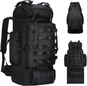 70L/100L Camping Hiking Backpack with Rain Cover, Expandable Large Military Tactical Backpack, Waterproof Molle Racksack Travel Backpacking Daypack for Climbing Trekking (Black)