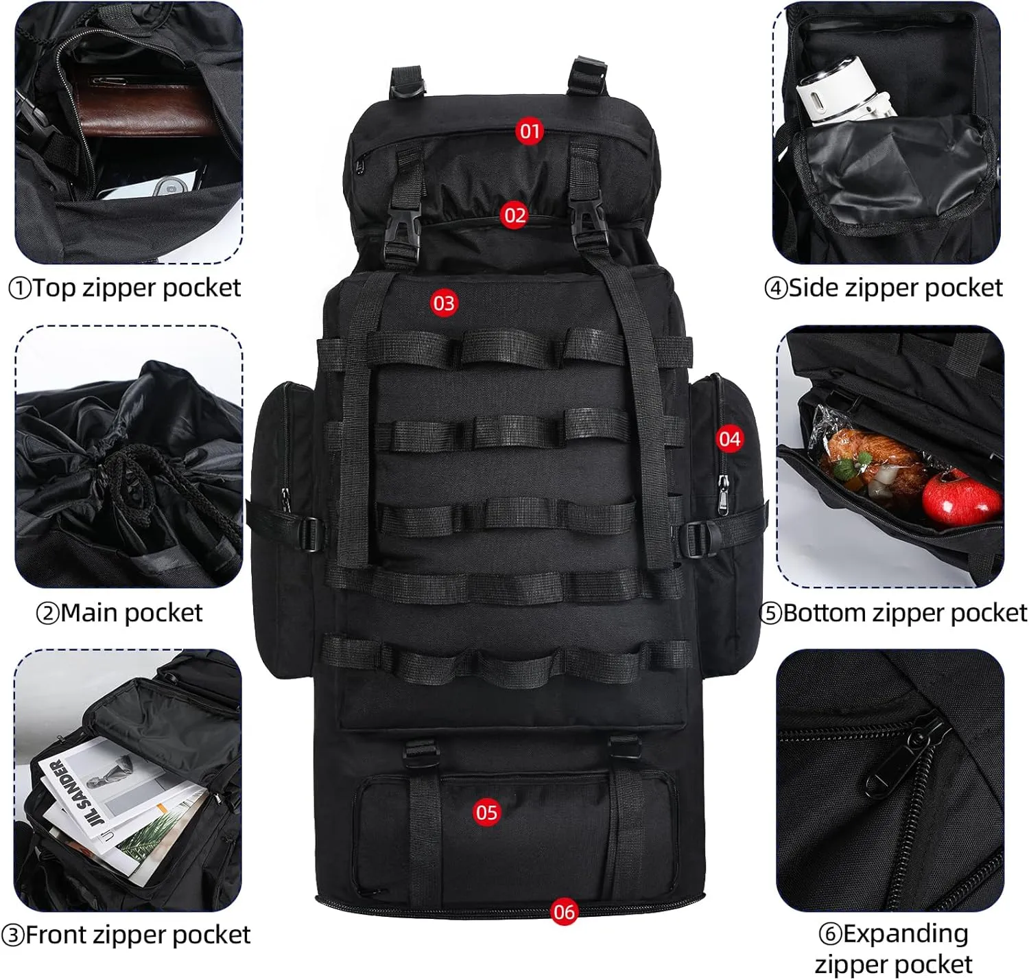 70L/100L Camping Hiking Backpack with Rain Cover, Expandable Large Military Tactical Backpack, Waterproof Molle Racksack Travel Backpacking Daypack for Climbing Trekking (Black)