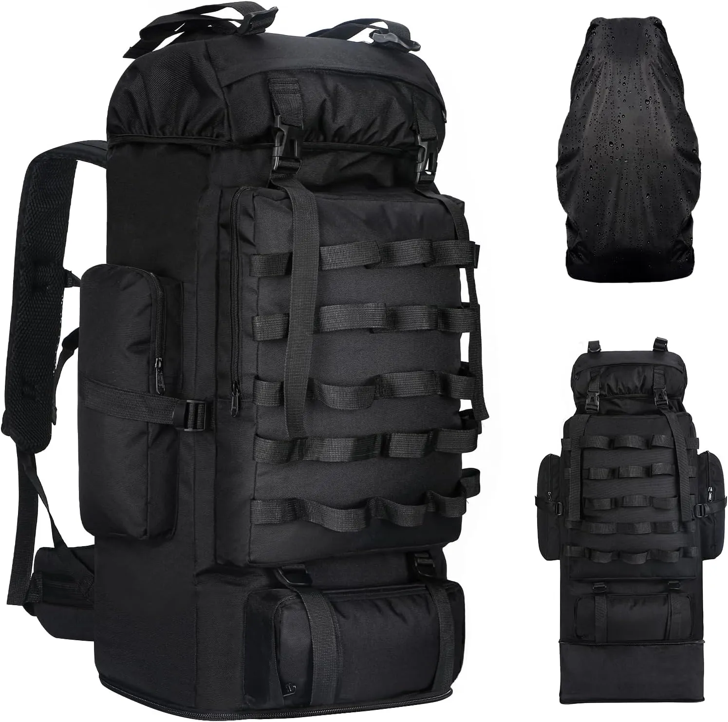 70L/100L Camping Hiking Backpack with Rain Cover, Expandable Large Military Tactical Backpack, Waterproof Molle Racksack Travel Backpacking Daypack for Climbing Trekking (Black)