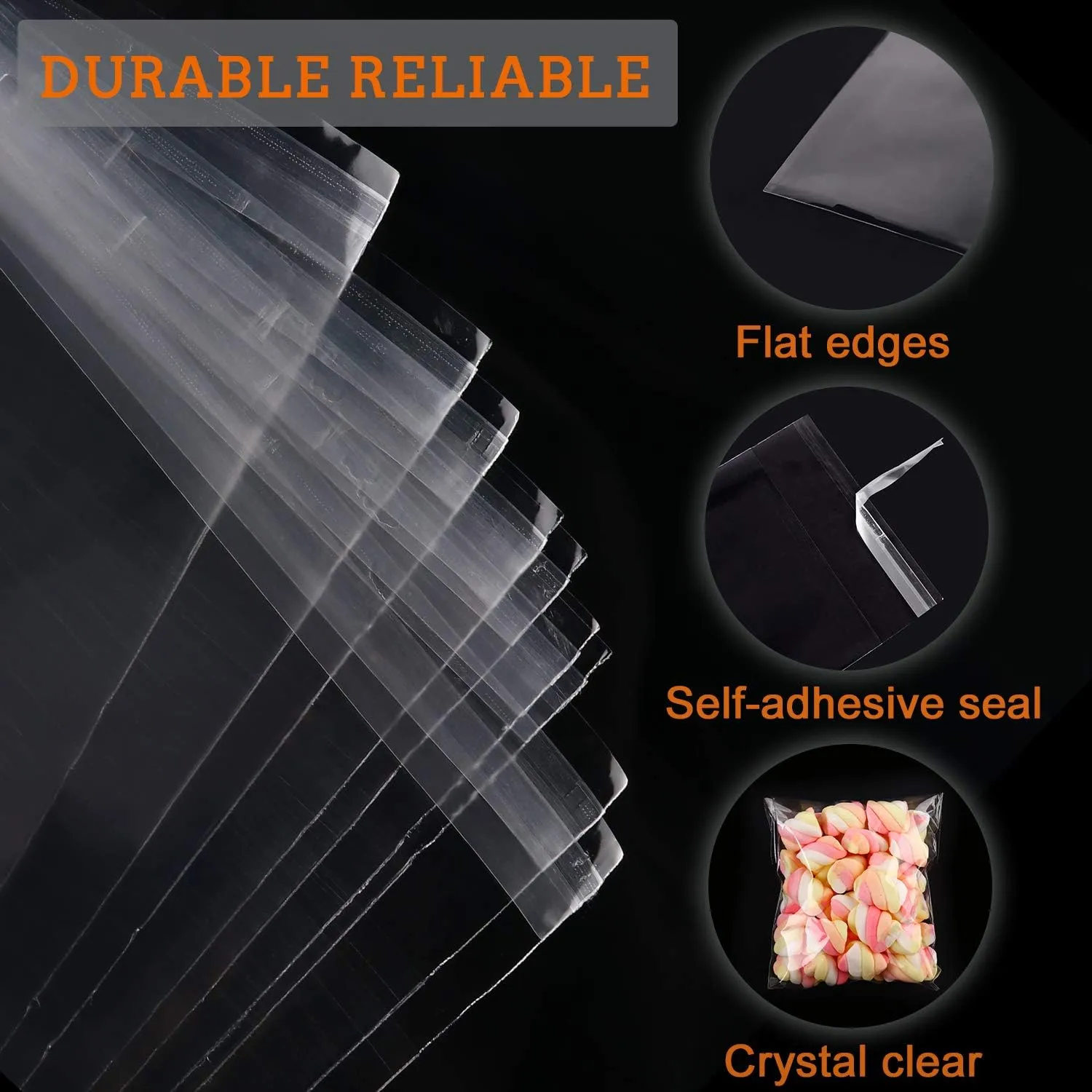 950 PCS Clear Resealable Cellophane Bags 4 Sizes with 3.5×5，3.9×5.9, 5×6.6, 5.9×9 Inches Good for Bakery, Snacks, Candle, Soap, Cookie, Jewelry, Cards