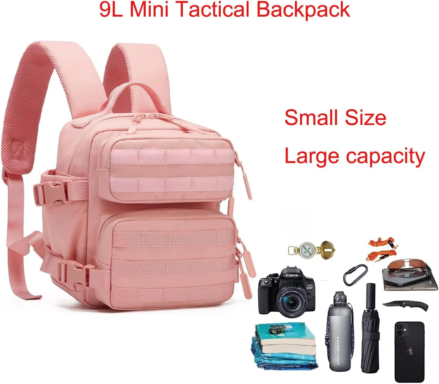 9L Mini Tactical Backpack Men Women Small Assault Rucksack Water-proof GYM Hiking Bug Out Bag with molle attachments (Pink)