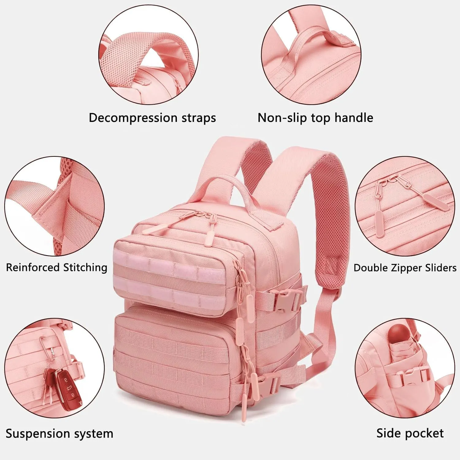 9L Mini Tactical Backpack Men Women Small Assault Rucksack Water-proof GYM Hiking Bug Out Bag with molle attachments (Pink)