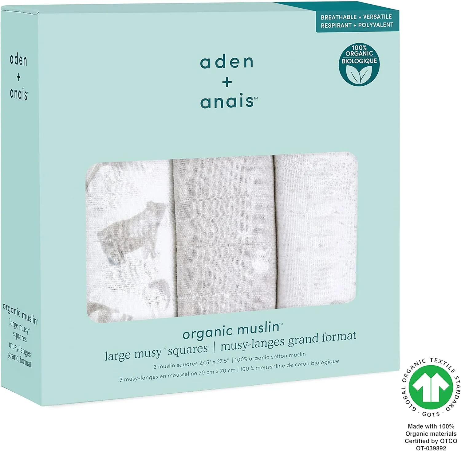 aden   anais Boutique Musy Squares, 100% Organic Cotton Muslin, Lightweight and Beathable Diaper Bag Essential, 3 Pack, Map The Stars