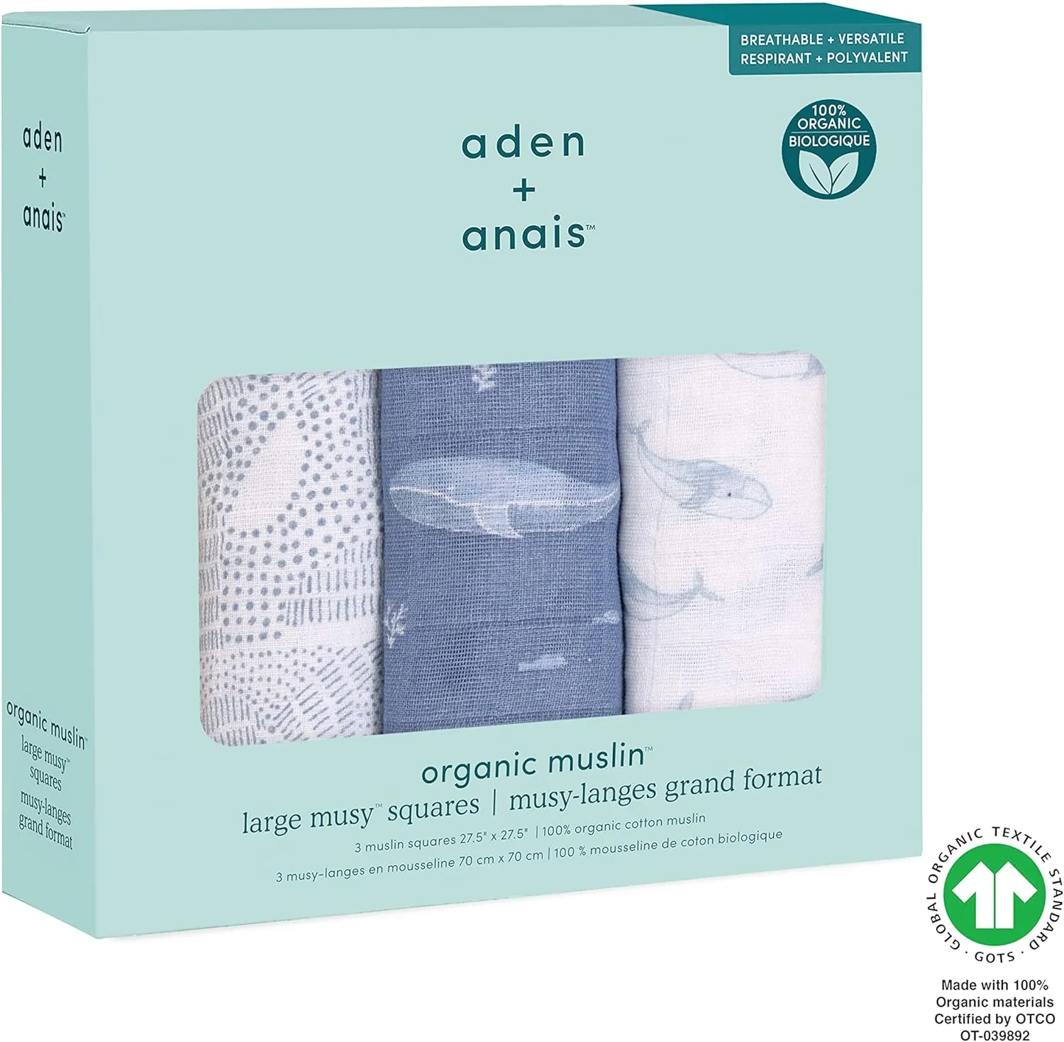 aden   anais Boutique Musy Squares, 100% Organic Cotton Muslin, Lightweight and Beathable Diaper Bag Essential, 3 Pack, Oceanic