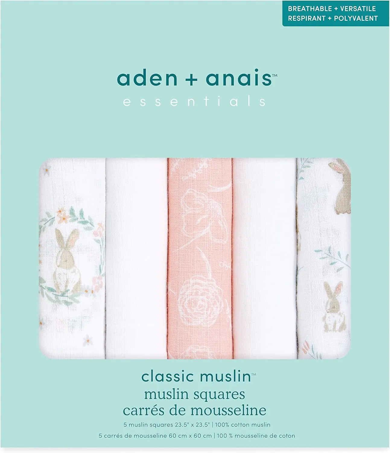 aden   anais Essentials Musy Squares, 100% Cotton Muslin, Lightweight and Beathable Diaper Bag Essential, 5 Pack, Blushing Bunnies