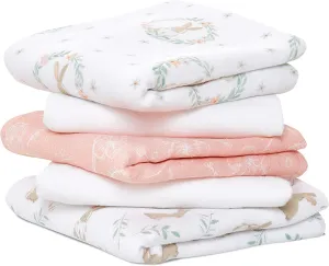 aden   anais Essentials Musy Squares, 100% Cotton Muslin, Lightweight and Beathable Diaper Bag Essential, 5 Pack, Blushing Bunnies