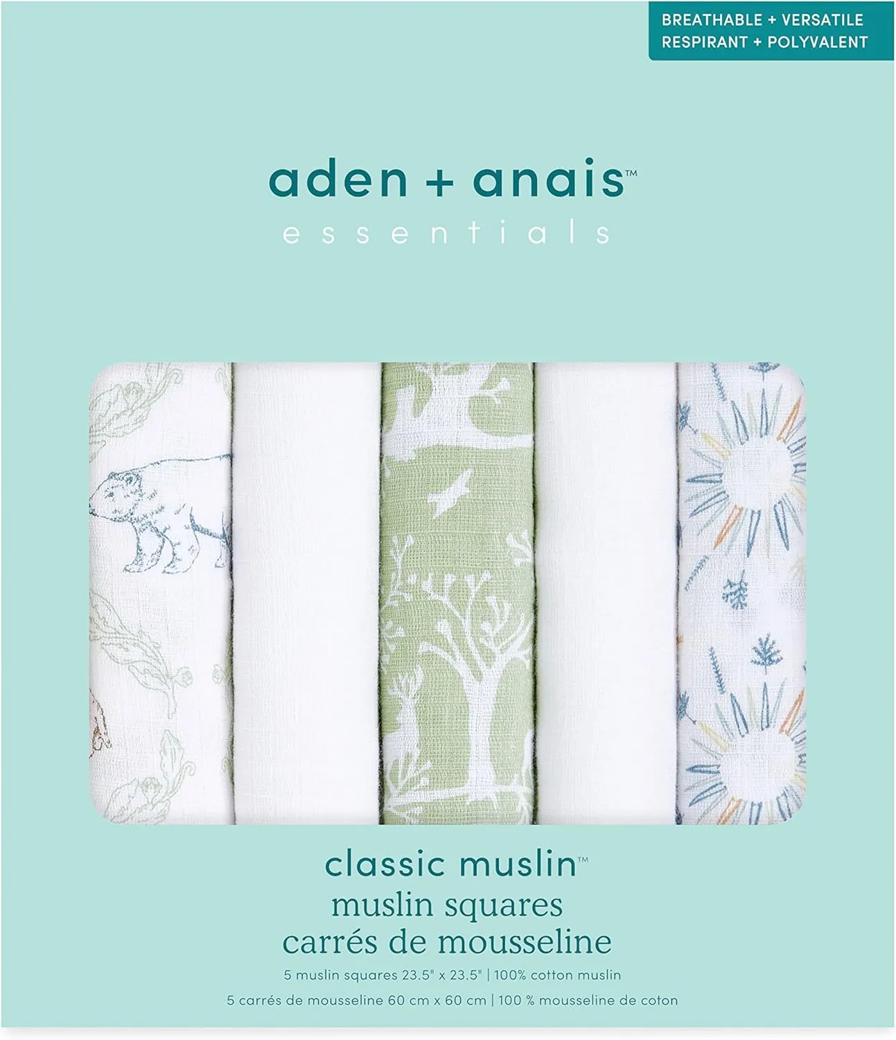 aden   anais Essentials Musy Squares, 100% Cotton Muslin, Lightweight and Beathable Diaper Bag Essential, 5 Pack, Harmony