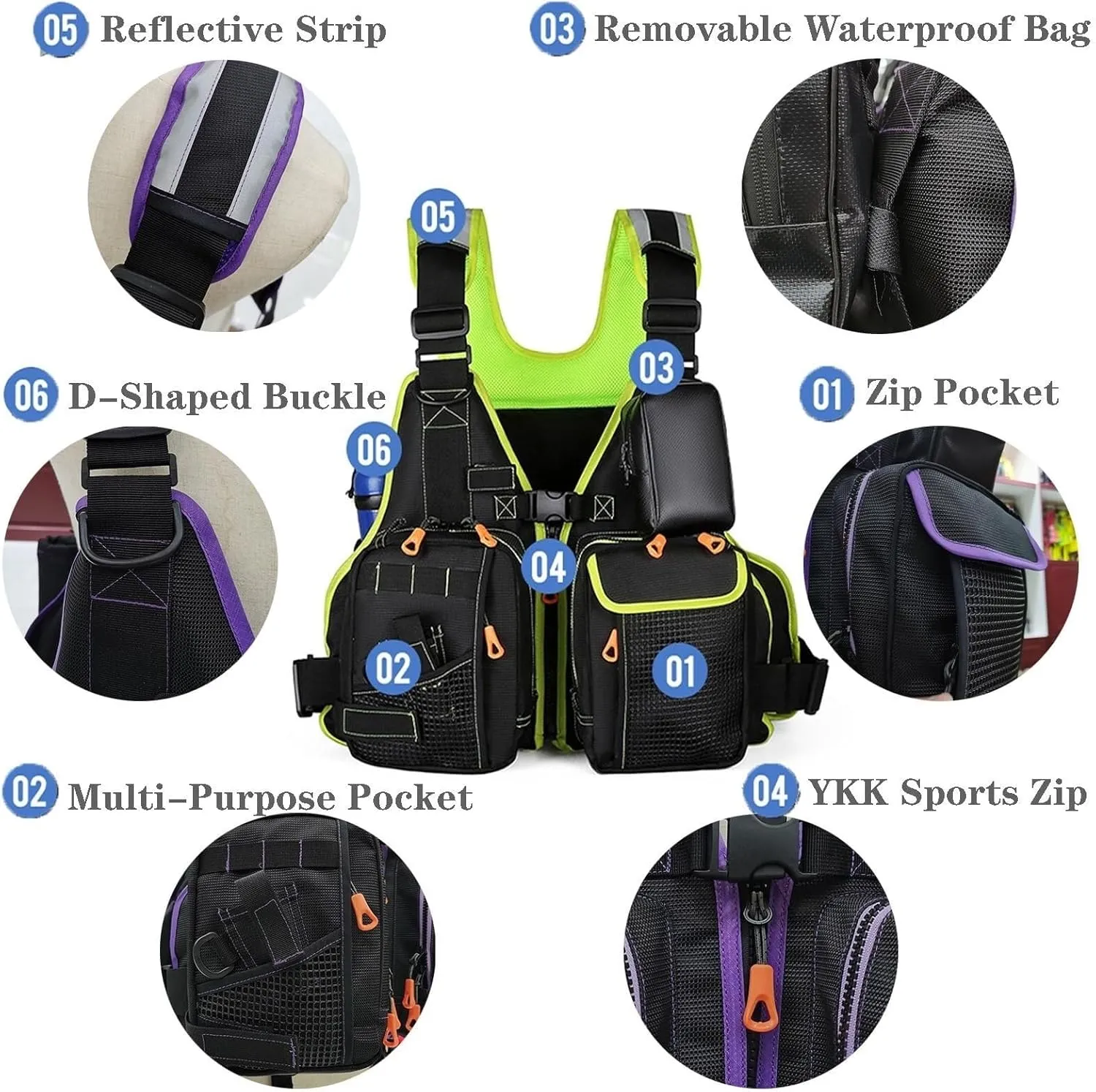 Adjustable Fishing Jacket with Detachable Waterproof Bag, Water Bottle Holder, Buoyant Cotton for 110-250Lbs Men and Women
