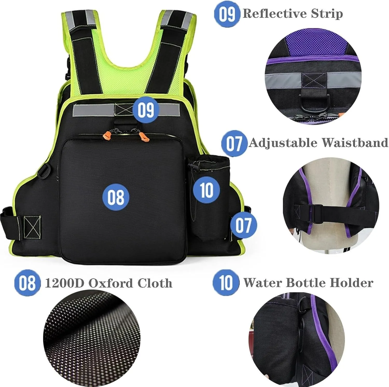 Adjustable Fishing Jacket with Detachable Waterproof Bag, Water Bottle Holder, Buoyant Cotton for 110-250Lbs Men and Women