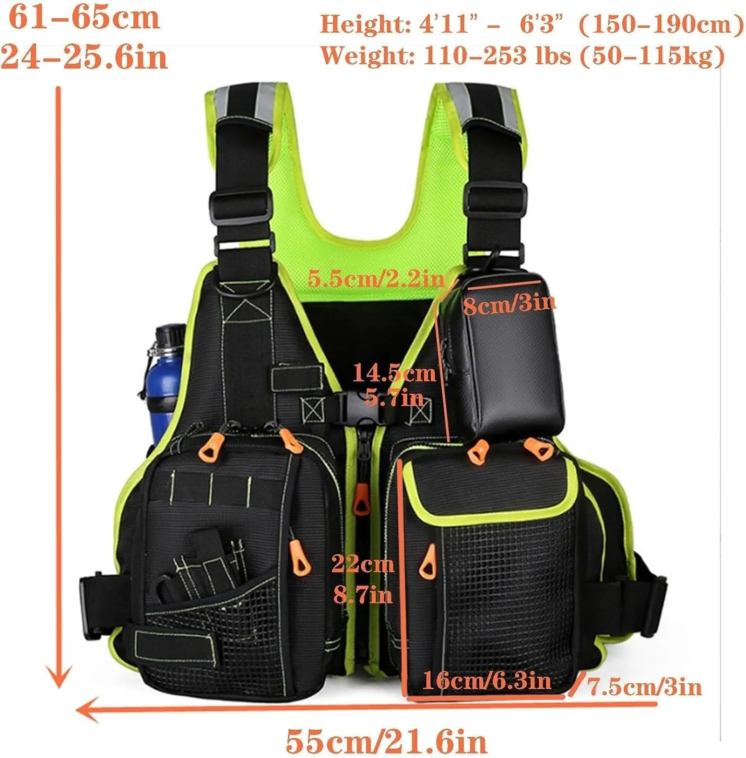 Adjustable Fishing Jacket with Detachable Waterproof Bag, Water Bottle Holder, Buoyant Cotton for 110-250Lbs Men and Women