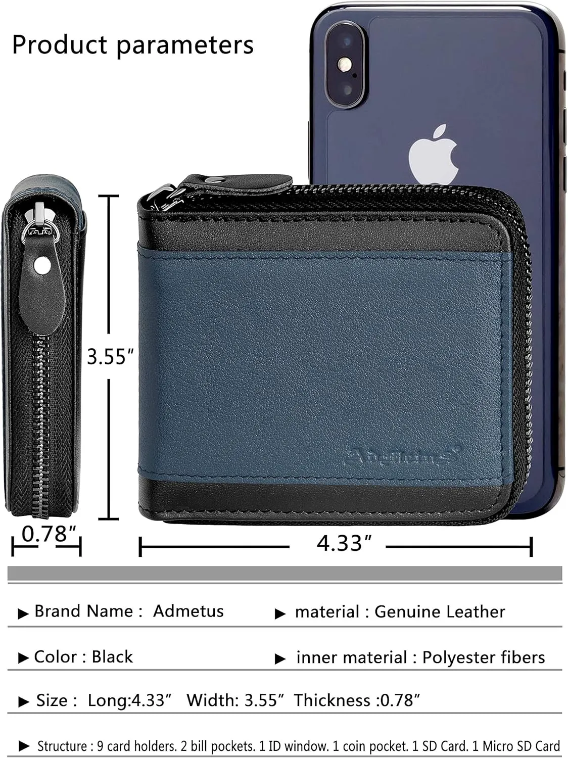 Admetus Mens RFID Blocking Wallets Zipper Leather Wallet for Men Bifold RFID Card Holder