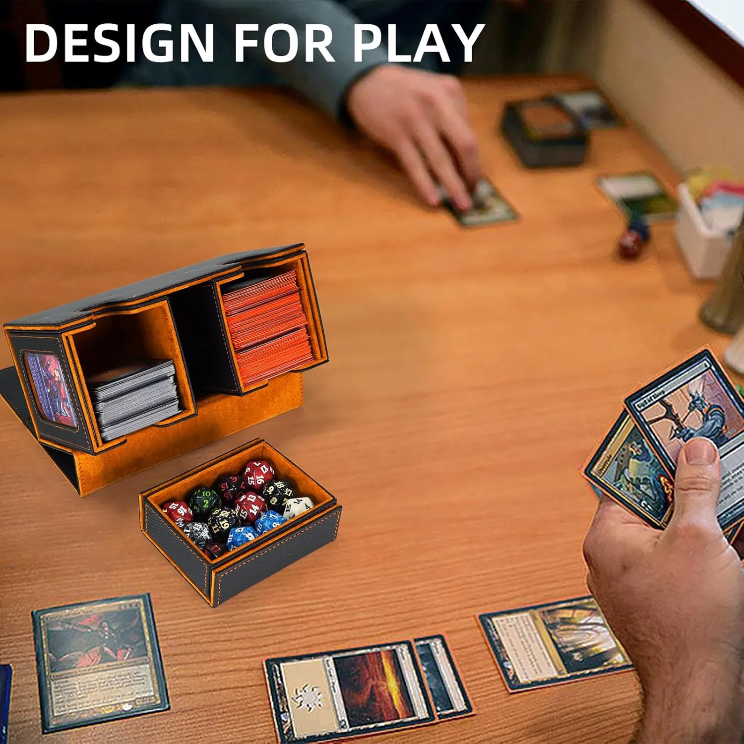 AFIING MTG Commander Deck Box 200 Double Sleeved Cards Storage, 3-in-1 Magnetic Card Case Organizer for Magic: The Gathering TCG CCG, 4 Dividers & 2 Toploaders (Black/Orange)