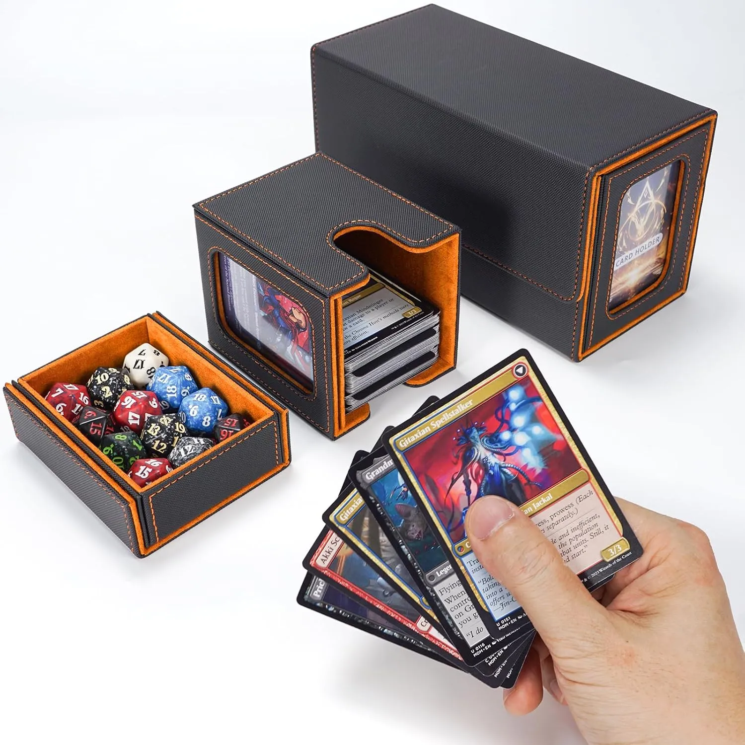 AFIING MTG Commander Deck Box 200 Double Sleeved Cards Storage, 3-in-1 Magnetic Card Case Organizer for Magic: The Gathering TCG CCG, 4 Dividers & 2 Toploaders (Black/Orange)
