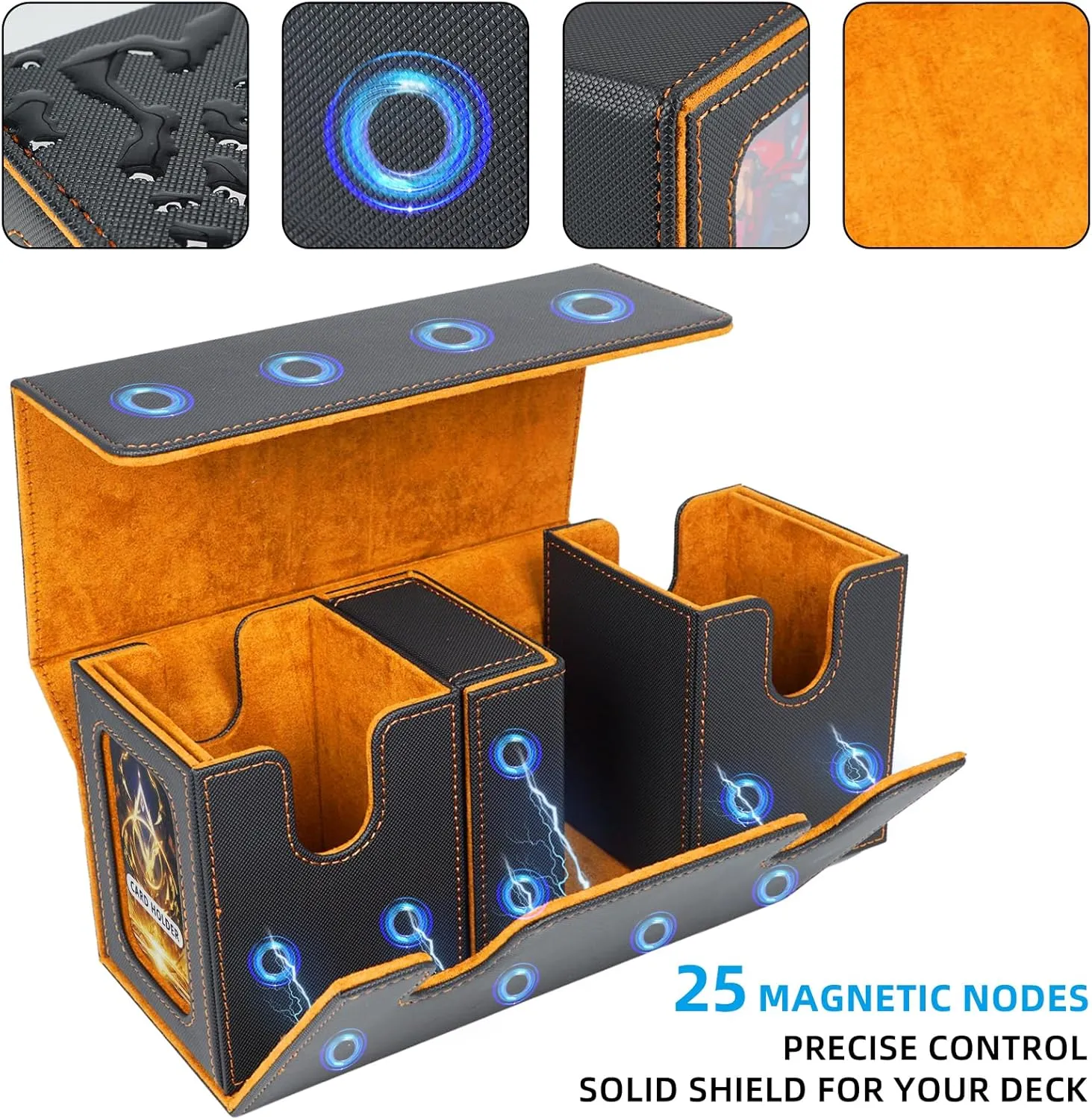 AFIING MTG Commander Deck Box 200 Double Sleeved Cards Storage, 3-in-1 Magnetic Card Case Organizer for Magic: The Gathering TCG CCG, 4 Dividers & 2 Toploaders (Black/Orange)