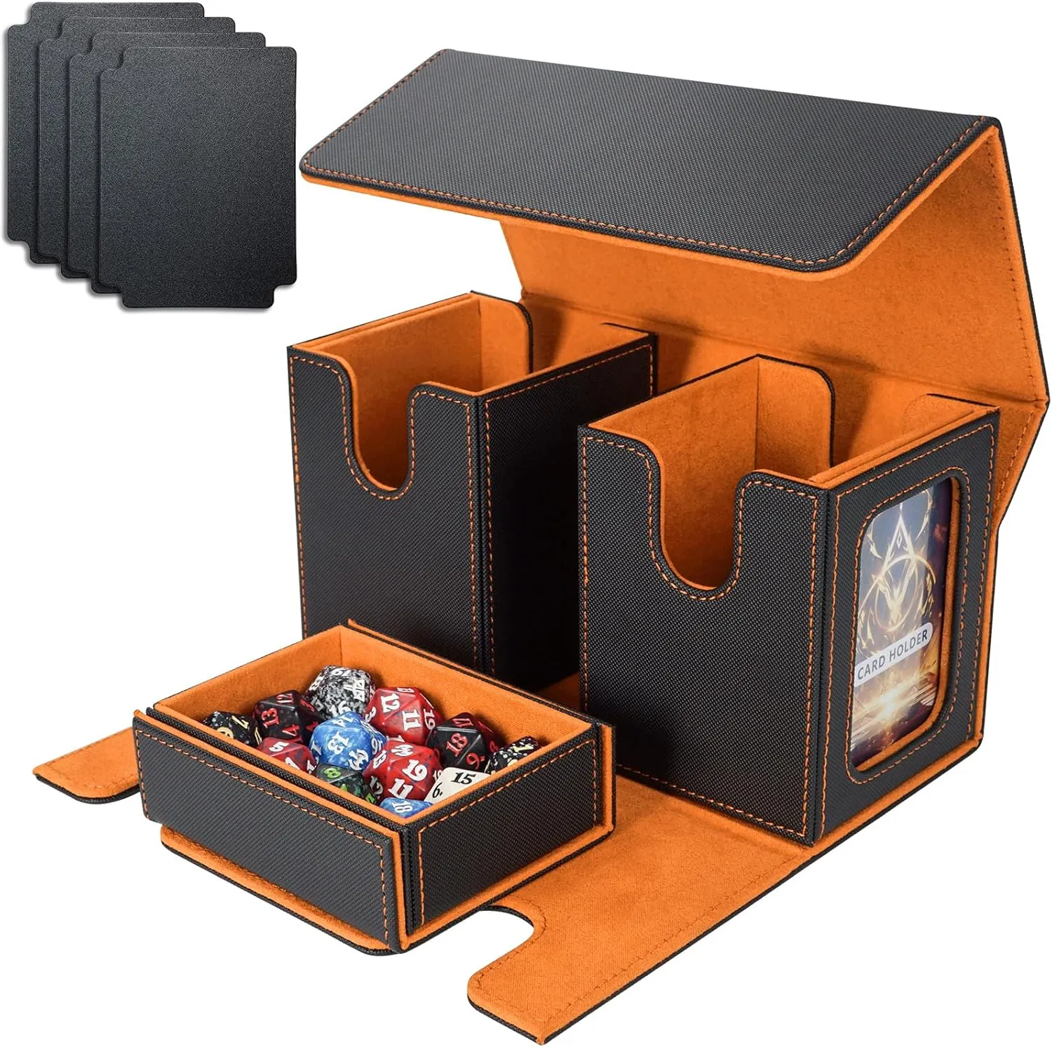AFIING MTG Commander Deck Box 200 Double Sleeved Cards Storage, 3-in-1 Magnetic Card Case Organizer for Magic: The Gathering TCG CCG, 4 Dividers & 2 Toploaders (Black/Orange)