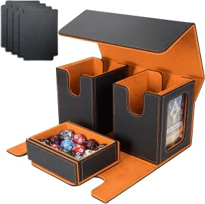 AFIING MTG Commander Deck Box 200 Double Sleeved Cards Storage, 3-in-1 Magnetic Card Case Organizer for Magic: The Gathering TCG CCG, 4 Dividers & 2 Toploaders (Black/Orange)