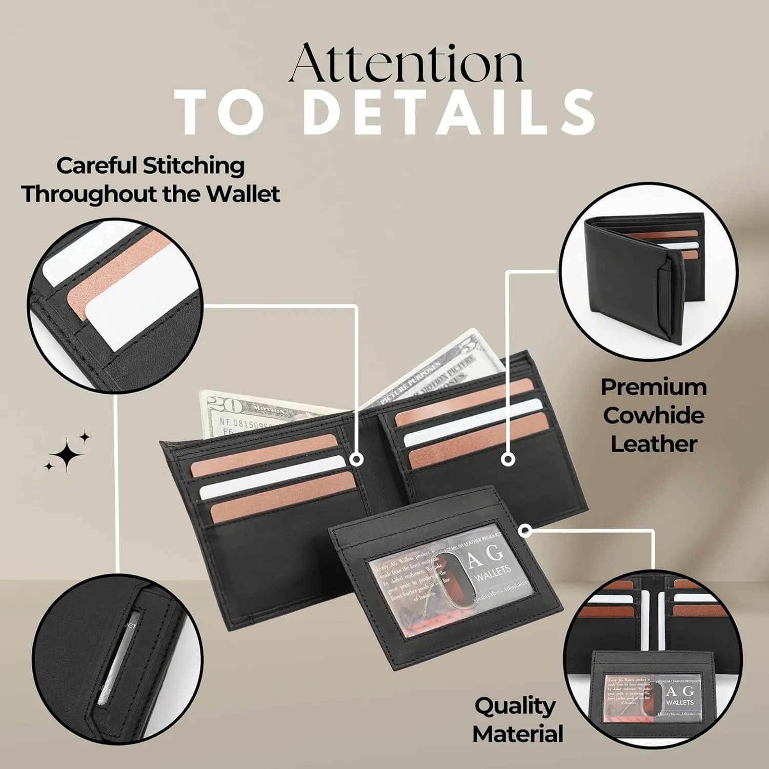 AG Wallets Leather Wallet for Men - Sliding 2-in-1 Bifold Wallet with Removable Card Holder & RFID Protection - Premium Travel Wallet - Versatile & Functional Design - Black