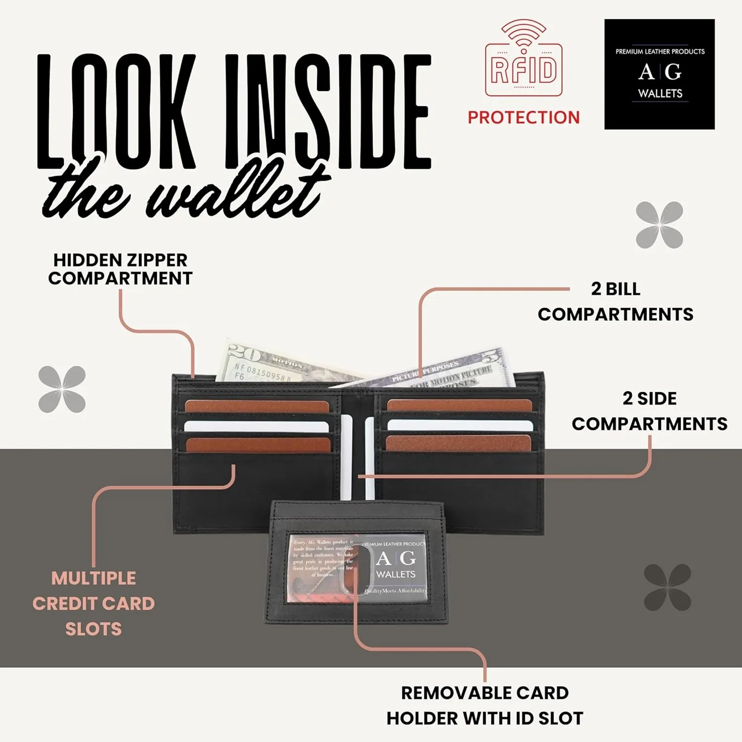 AG Wallets Leather Wallet for Men - Sliding 2-in-1 Bifold Wallet with Removable Card Holder & RFID Protection - Premium Travel Wallet - Versatile & Functional Design - Black