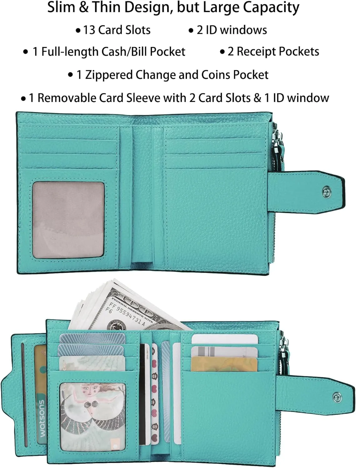 AINIMOER Women's RFID Blocking Leather Small Compact Bi-fold Zipper Pocket Wallet Card Case Purse with id Window