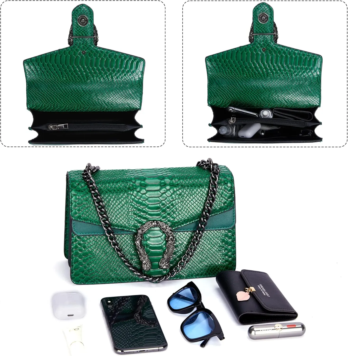 Aiqudou Crossbody Bag and Satchel Purse for Women - Fashion Snake Print Chain Purse Luxury PU Leather HandBag