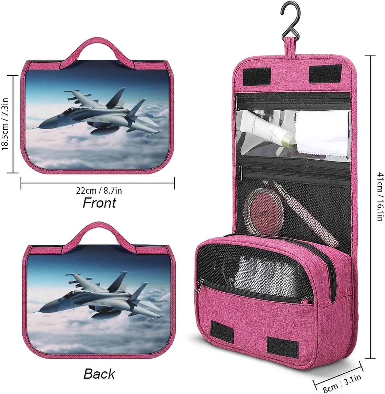 Aircraft Fighter Jets Travel Toiletry Bag for Women,Hanging Toiletry Organizer with Hook, Makeup Bag Travel Organizer for Shampoo,Toiletriesl