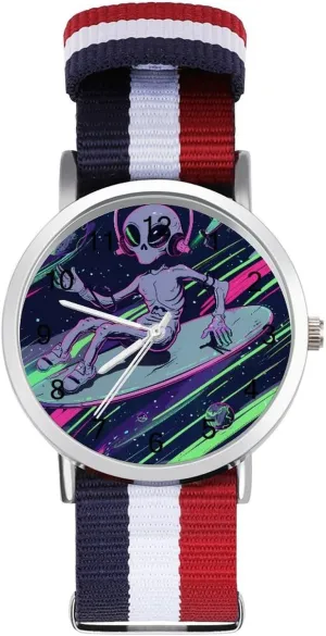 Alien Music Lover Unisex Watch Lightweight Breathable Woven Nylon Wrist Strap Watch with Metal Buckle