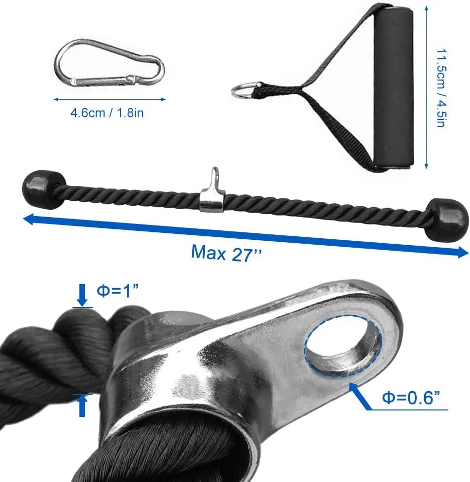 Alomejor Duty Black Nylon Rope, 27in Pull Down Rope, Triceps, Biceps System with Non Slip Cable Attachment for Grip Strength