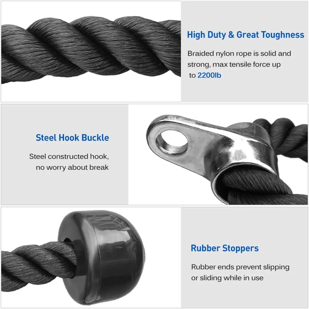 Alomejor Duty Black Nylon Rope, 27in Pull Down Rope, Triceps, Biceps System with Non Slip Cable Attachment for Grip Strength