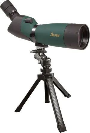 ALPEN Waterproof Fogproof Spotting Scopes. Straight or 45 Degree Models Available with BAK4 High Index or BK7 Glass, and Fully Multi-Coated or Multi-Coated Optics. Table-top Tripod and Field Carrying Case Included