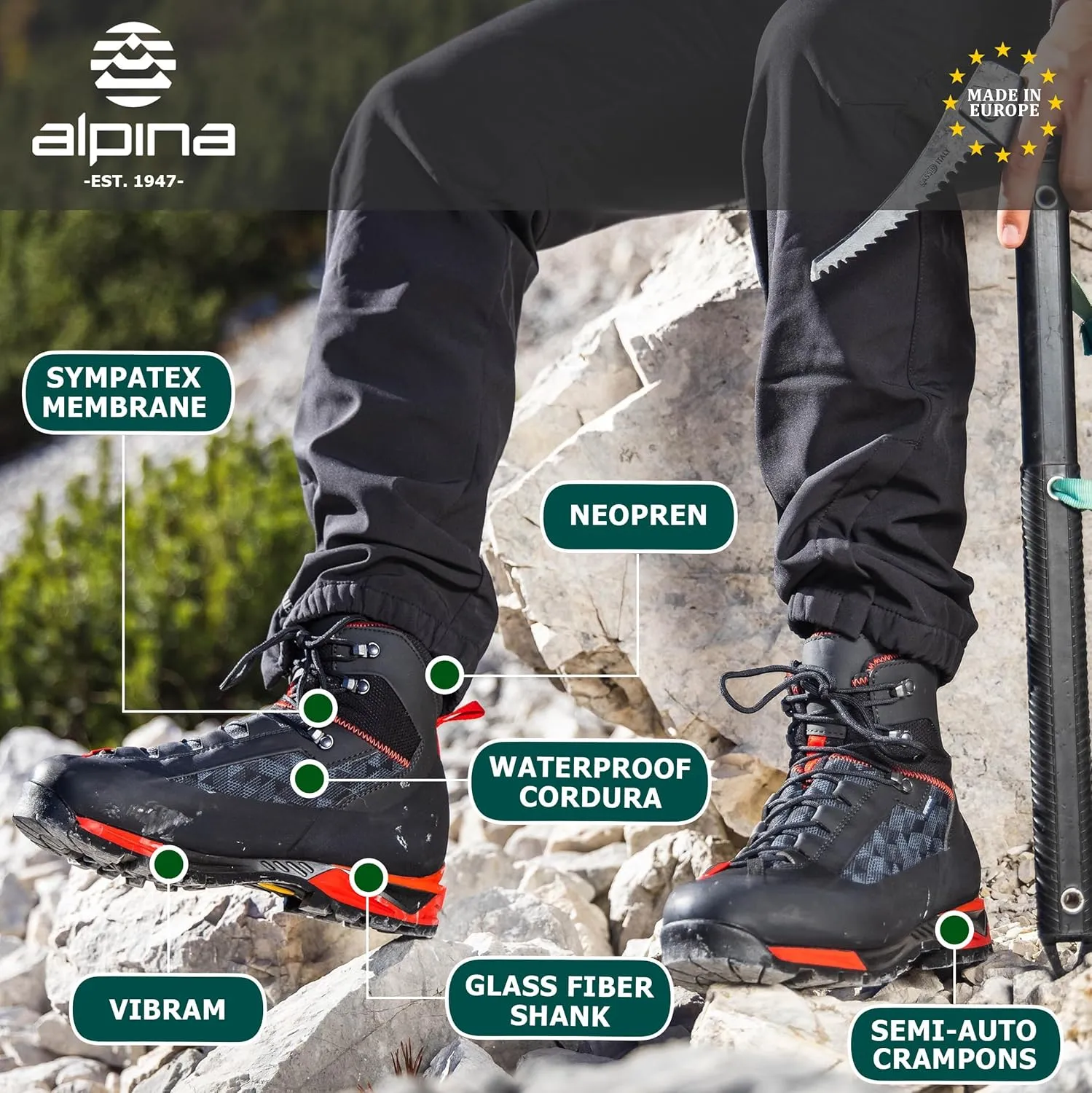 Alpina CARABINER - Made in Europe - Men's | Women's Mountaineering Boots - Waterproof - Sympatex Brathable Membrane - Vibram - Textile & Synthetic or Leather Upper