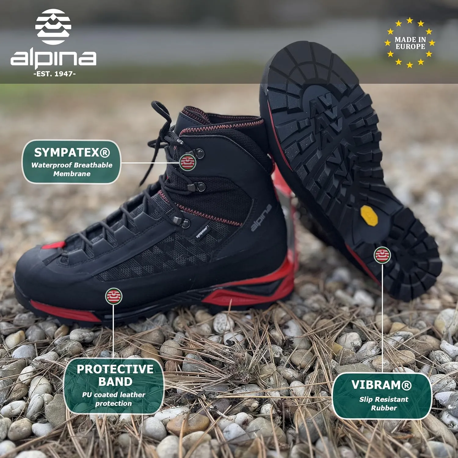 Alpina CARABINER - Made in Europe - Men's | Women's Mountaineering Boots - Waterproof - Sympatex Brathable Membrane - Vibram - Textile & Synthetic or Leather Upper