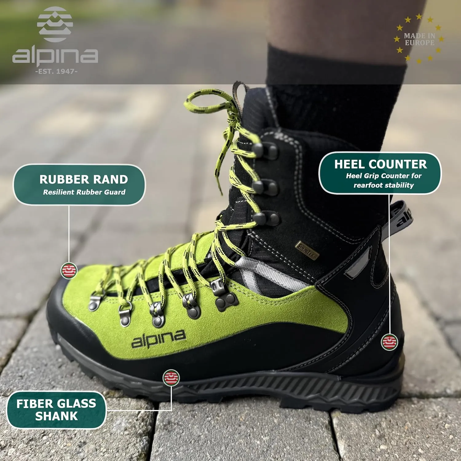 Alpina DIABLO Premium Men's Boots - Waterproof Leather Shoes with Sympatex Breathable Membrane - Vibram Sole - Crampon Compatible - Mountaineering Hiking - Heel Counter - Made in Europe