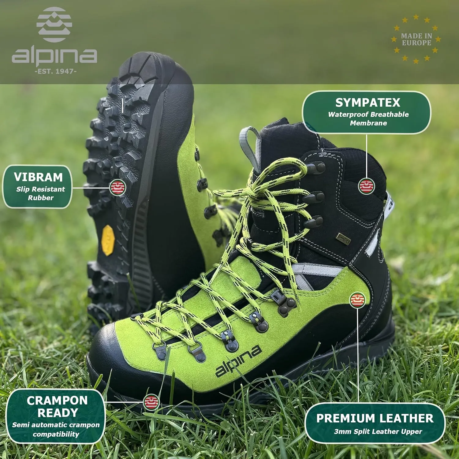 Alpina DIABLO Premium Men's Boots - Waterproof Leather Shoes with Sympatex Breathable Membrane - Vibram Sole - Crampon Compatible - Mountaineering Hiking - Heel Counter - Made in Europe
