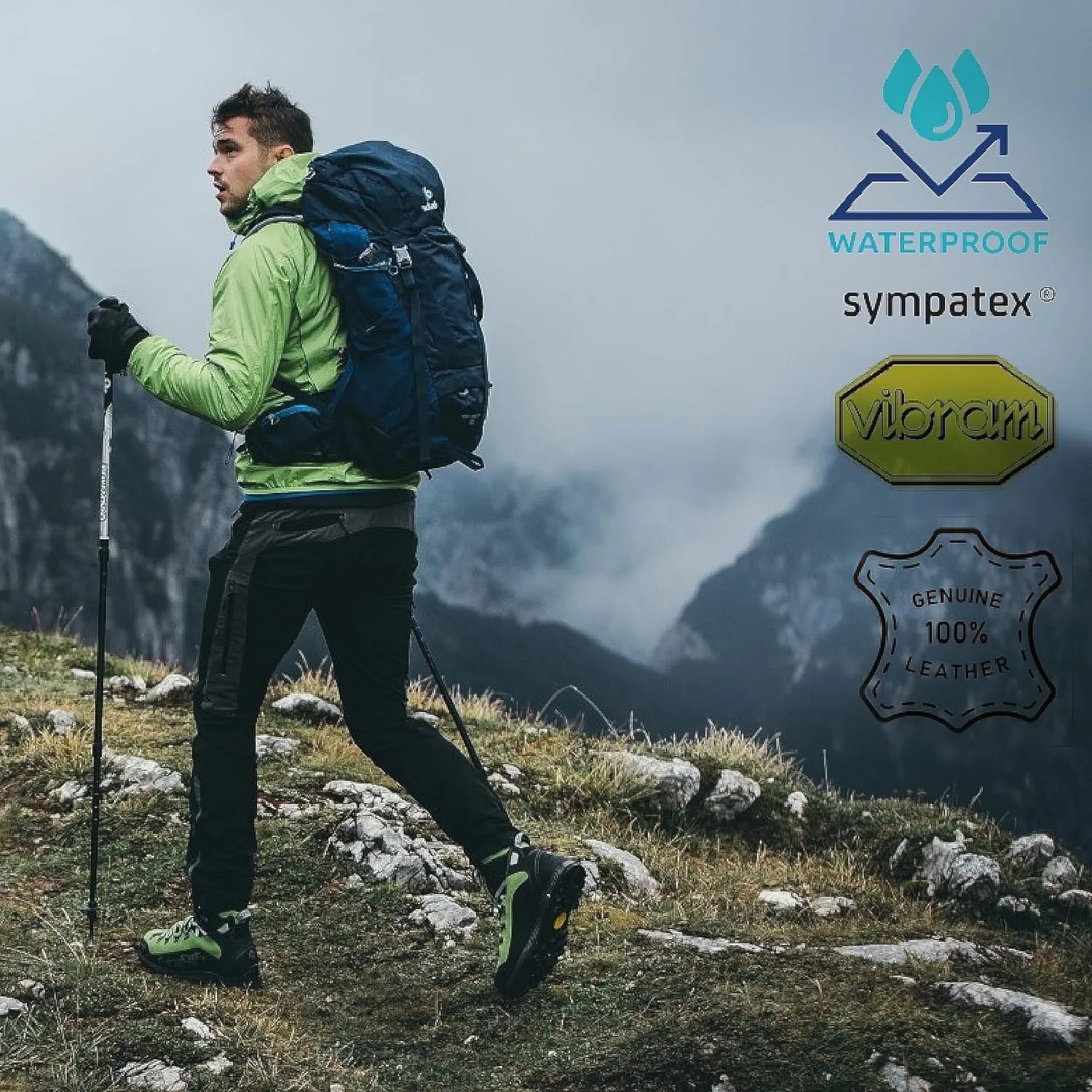 Alpina DIABLO Premium Men's Boots - Waterproof Leather Shoes with Sympatex Breathable Membrane - Vibram Sole - Crampon Compatible - Mountaineering Hiking - Heel Counter - Made in Europe