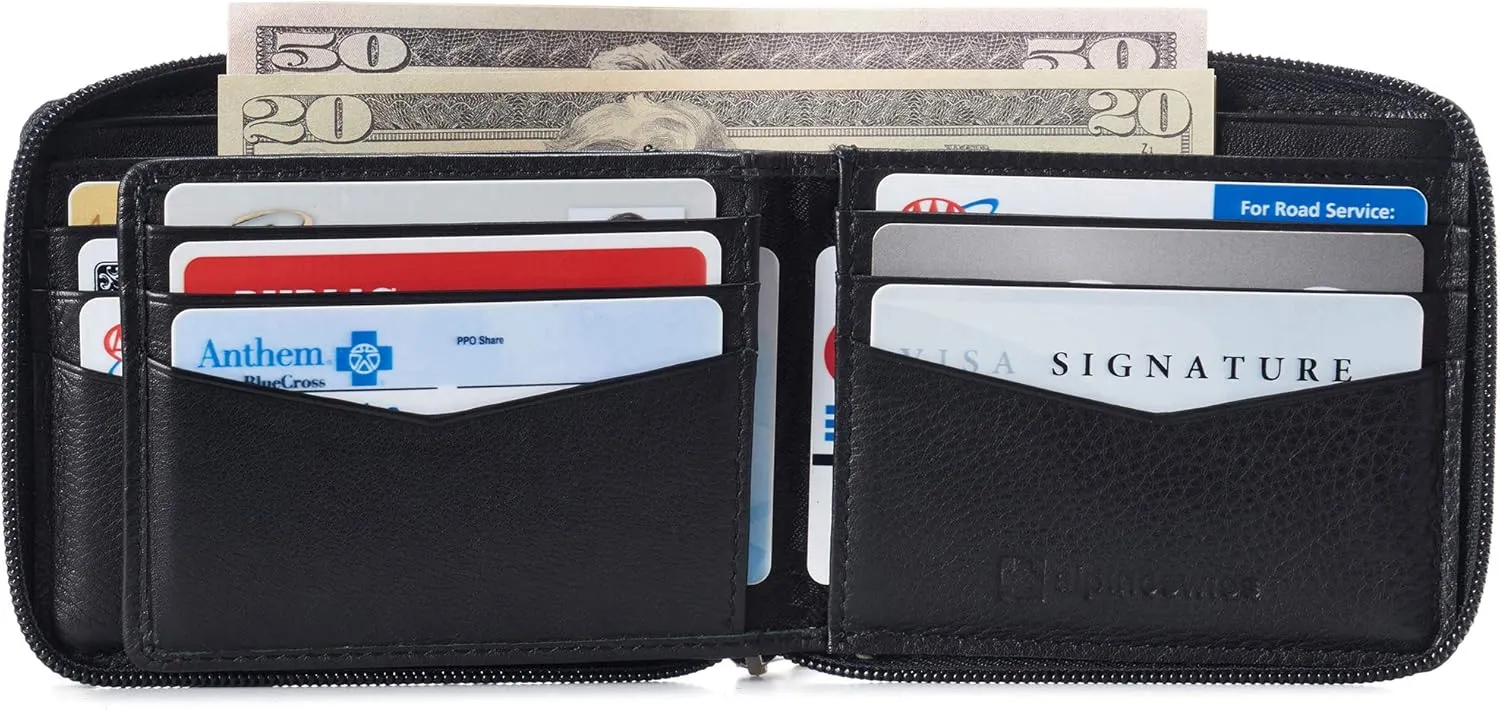 Alpine Swiss Logan Zipper Bifold Wallet For Men or Women RFID Safe Comes in a Gift Box