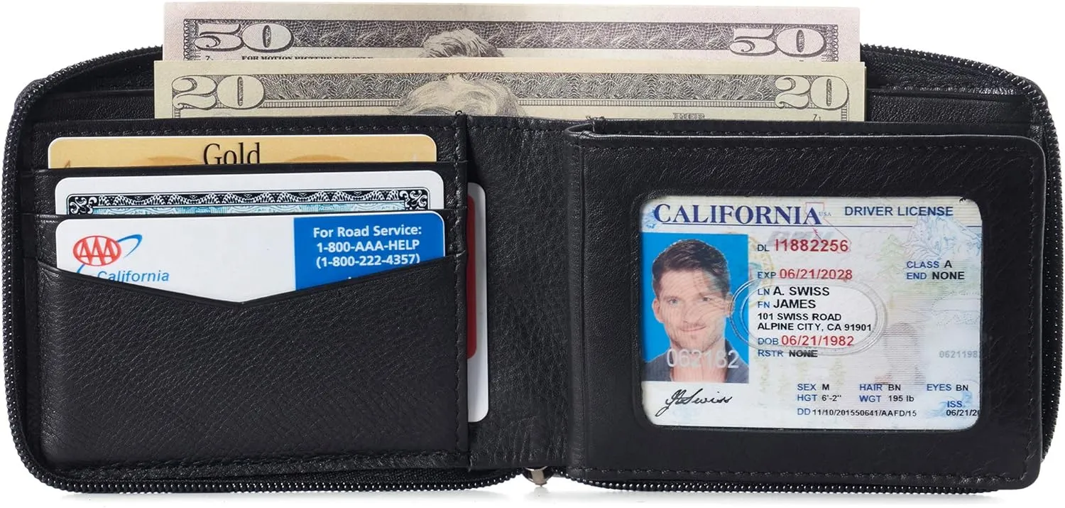 Alpine Swiss Logan Zipper Bifold Wallet For Men or Women RFID Safe Comes in a Gift Box