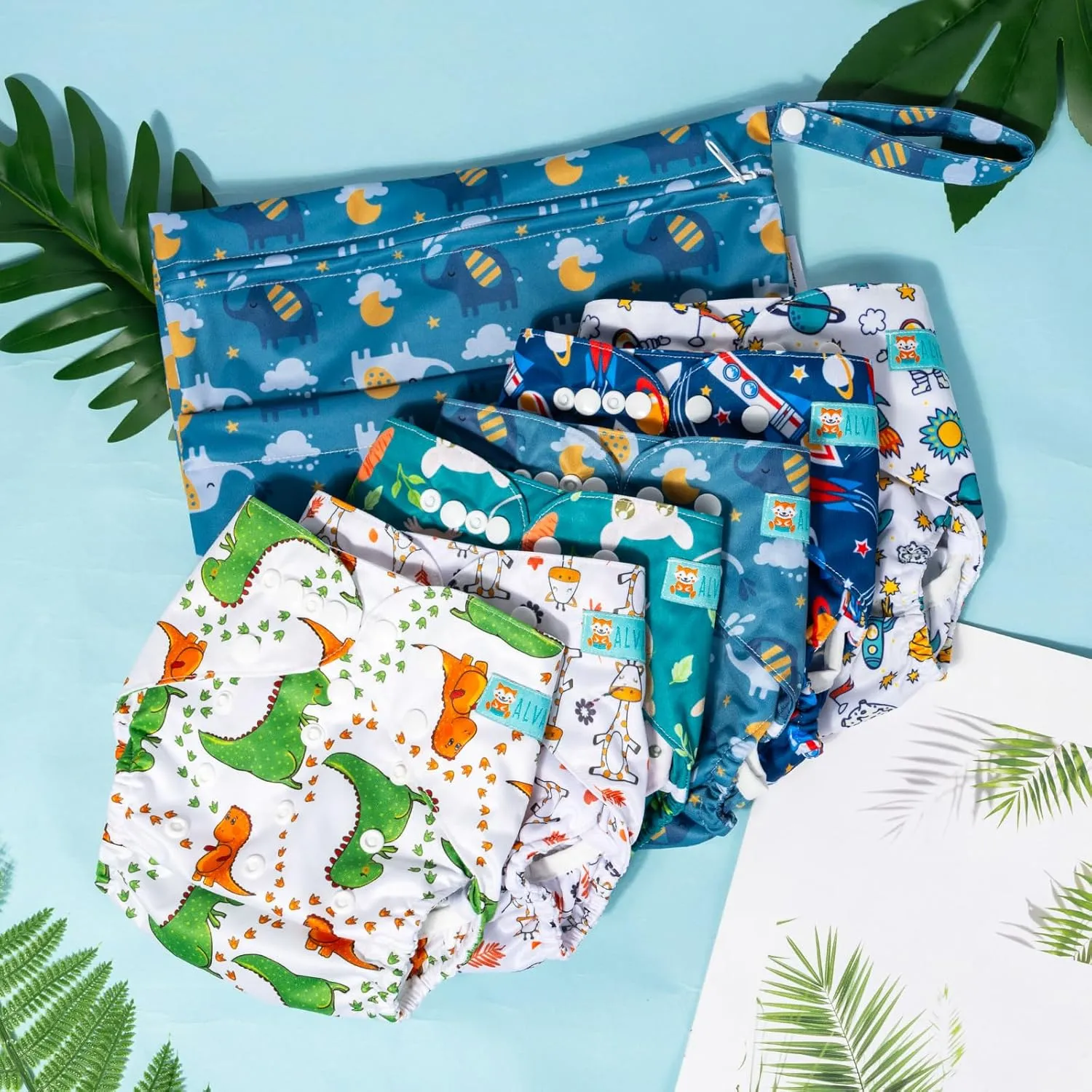 ALVABABY 6pcs Cloth Diaper Covers & 1 Wet Dry Bag, Washable Reusable Diaper Shell for Prefold with Multi-Functional Bag