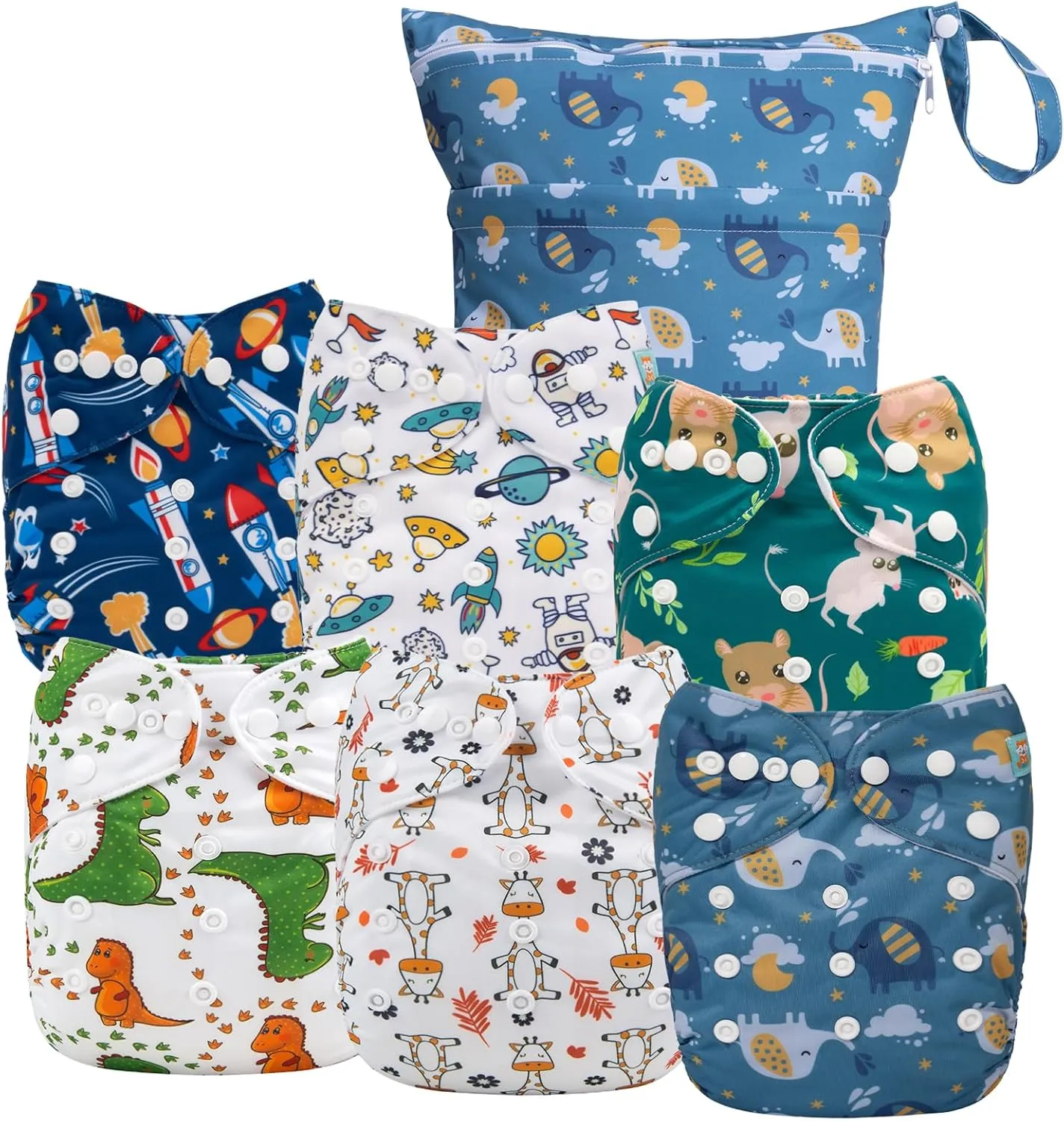 ALVABABY 6pcs Cloth Diaper Covers & 1 Wet Dry Bag, Washable Reusable Diaper Shell for Prefold with Multi-Functional Bag